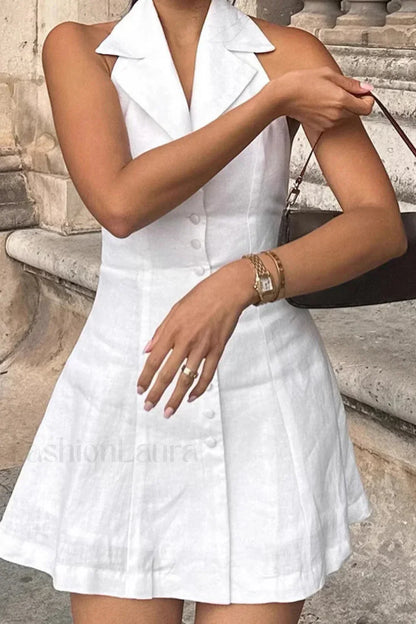 Cotton Linen Backless Sexy Neckline Mini Dress