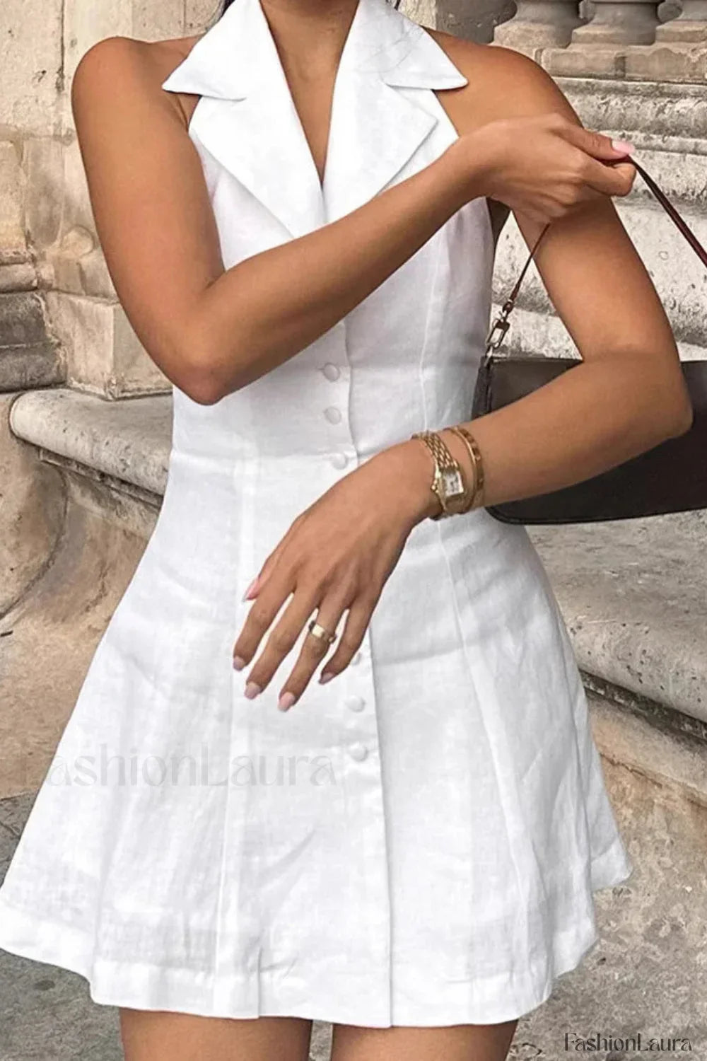 Cotton Linen Backless Sexy Neckline Mini Dress