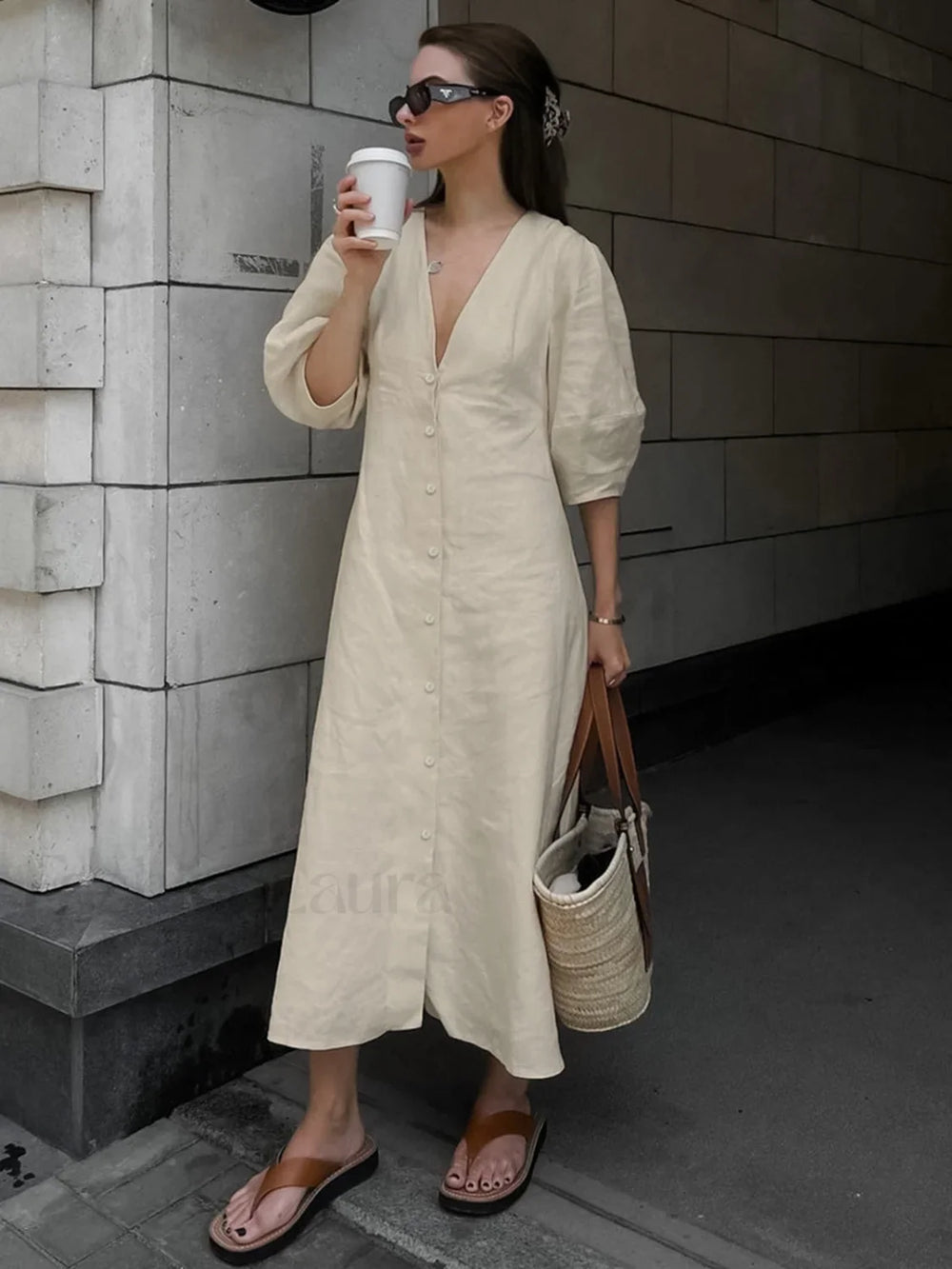 Cotton & Linen Button Front Knotted Long Dress Beige / XS Dresses