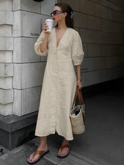 Cotton & Linen Button Front Knotted Long Dress Beige / XS Dresses