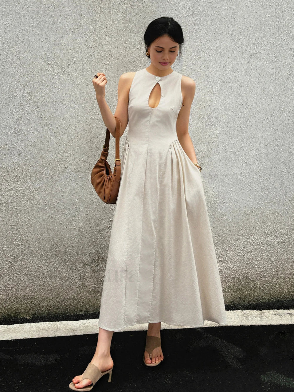 Cotton & Linen Pleated Cutout Long Dress Dresses