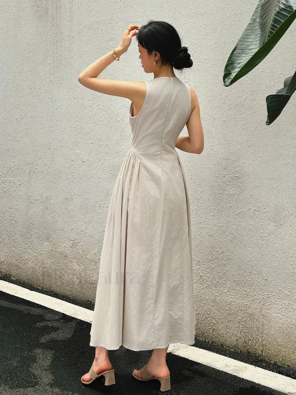 Cotton & Linen Pleated Cutout Long Dress Dresses