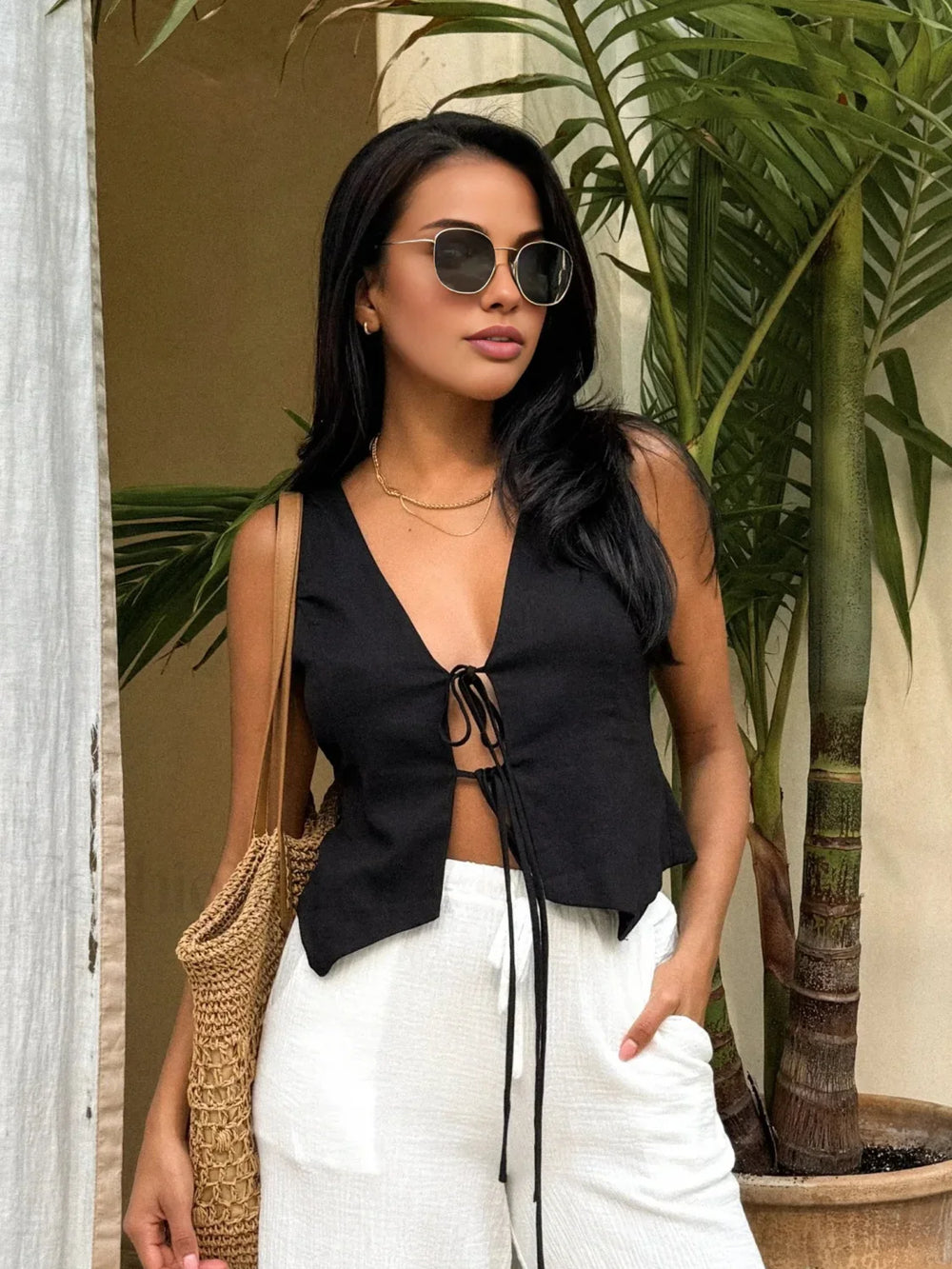 Cotton & Linen Trendy Tie Detail Vest Top Tank Tops & Camis