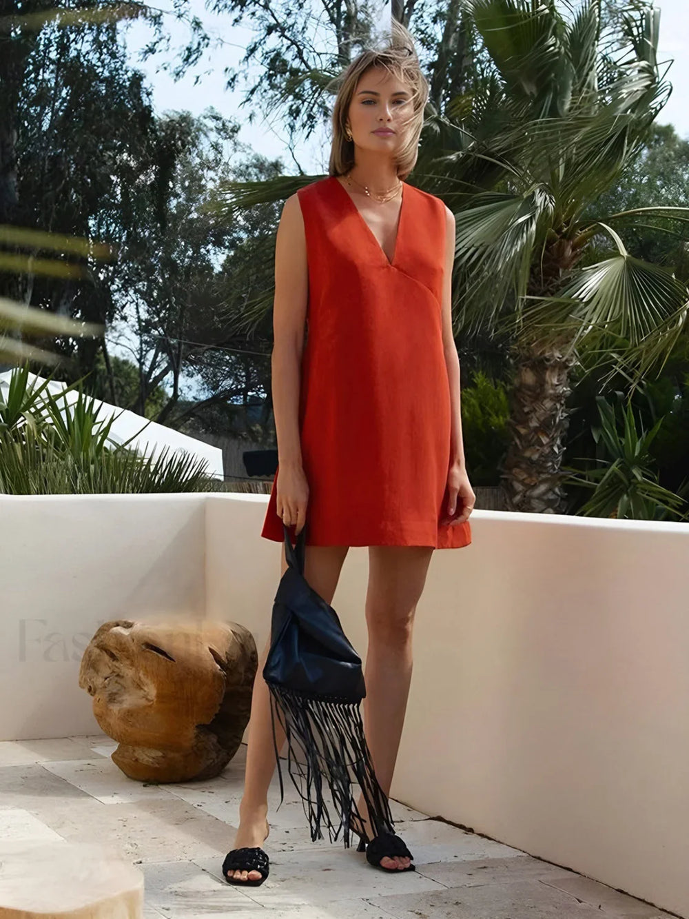 Cotton & Linen V Neck Short Dress Dresses