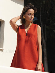 Cotton & Linen V Neck Short Dress Dresses