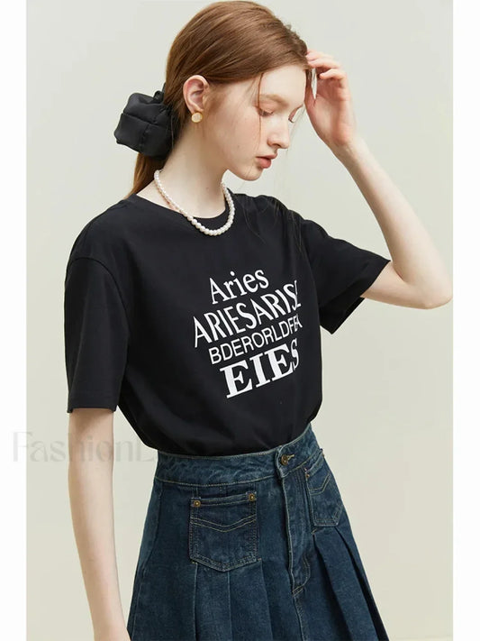 Cotton Loose Letter Slim Fit T Shirt Black / S