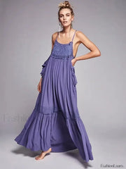 Cotton Ruffled Strap Boho Dress ROYAL BLUE / S