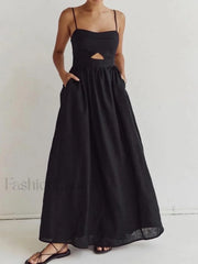 Cotton Sleeveless Pockets Cutout Long Dress Black / XS Dresses