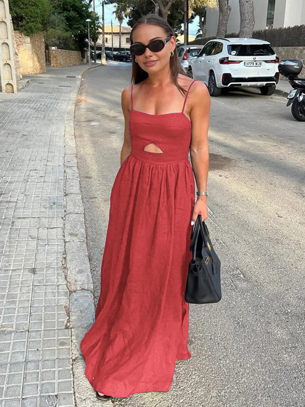 Cotton Sleeveless Pockets Cutout Long Dress Dresses