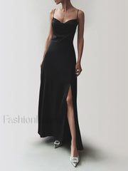 Cowl Neck Satin Trendy Slit Long Dress Dresses