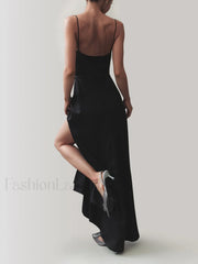 Cowl Neck Satin Trendy Slit Long Dress Dresses
