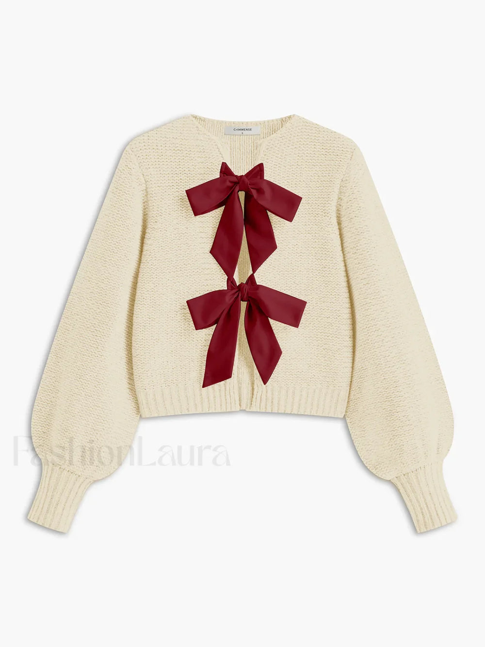 Crew Neck Bow Knit Top Beige / XS Knit Tops