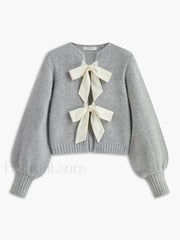Crew Neck Bow Knit Top Grey / XS Knit Tops