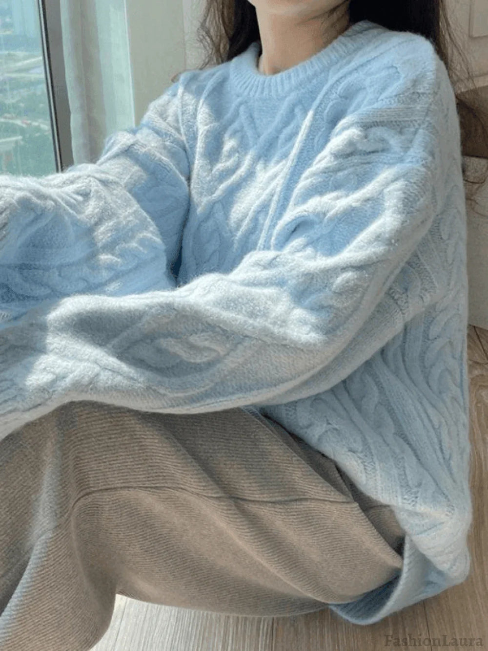 Crew Neck Cable Knit Pullover Sweater Blue / ONE SIZE Sweaters