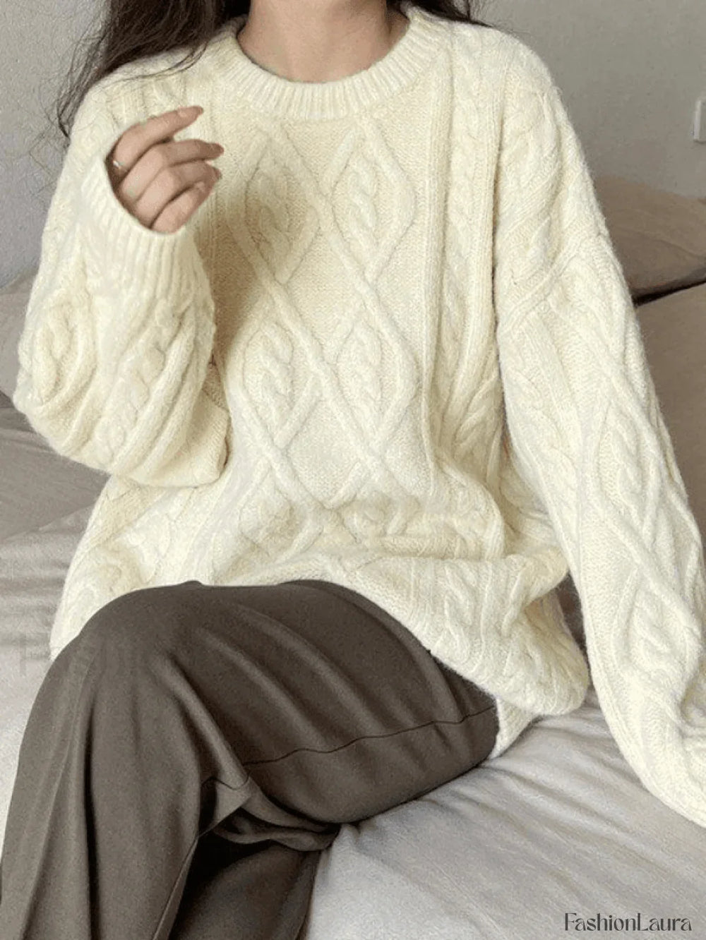 Crew Neck Cable Knit Pullover Sweater Sweaters