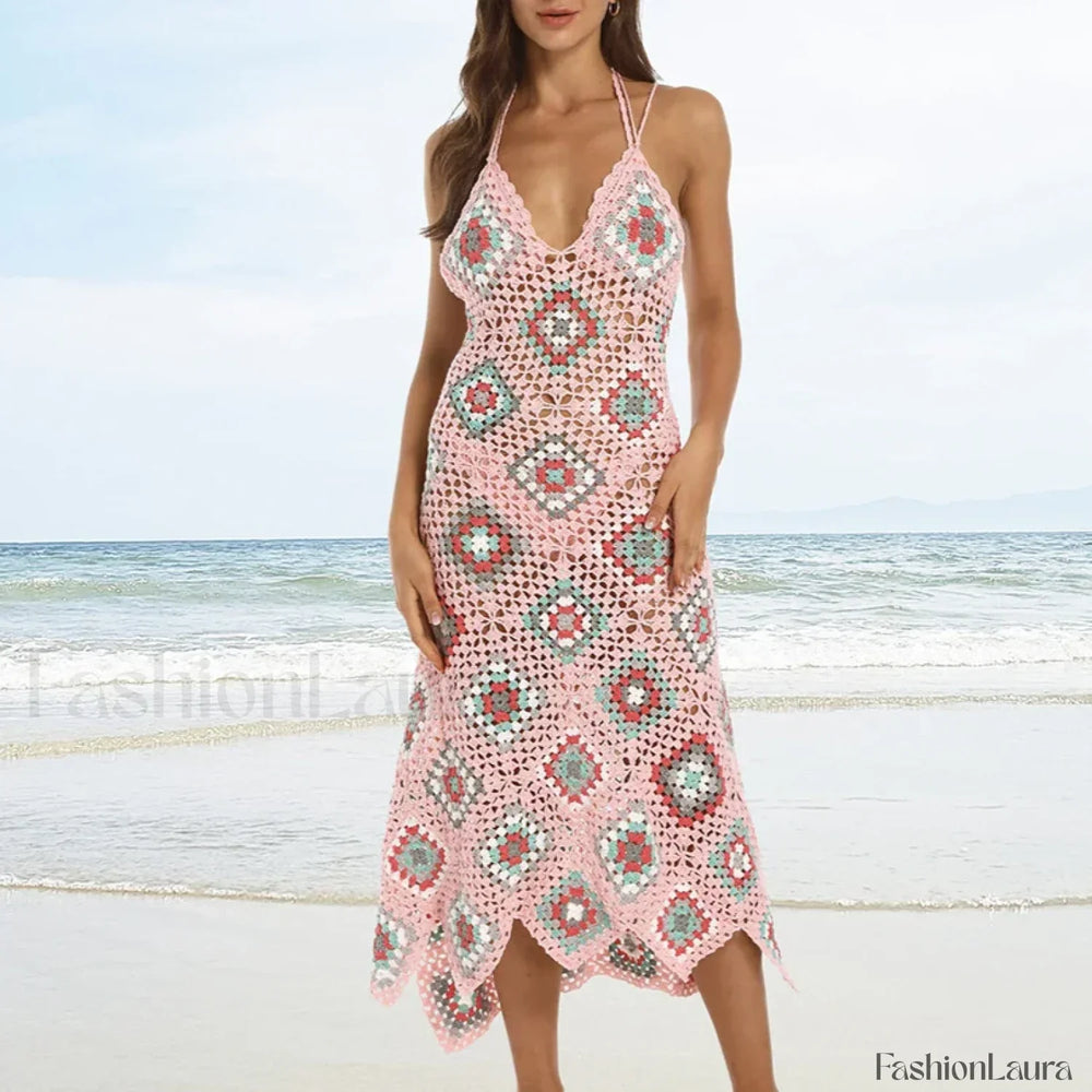 Crochet Ethnic Knit Boho Dress Pink / XS