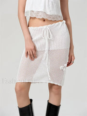 Crochet Flower Knitted Midi Skirt WHITE / S