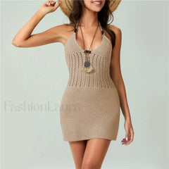 Crochet Halter Casual Mini Dress Khaki / S