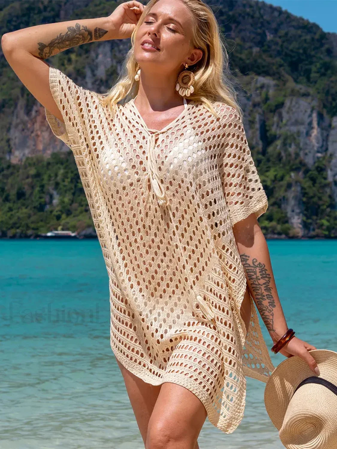 Crochet Hollow Out Mini Dress Cover Up Apricot / One Size