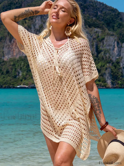 Crochet Hollow Out Mini Dress Cover Up Apricot / One Size