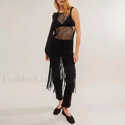 Crochet Tassel Hollow Bikini Cover Up Black / S