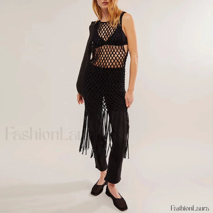 Crochet Tassel Hollow Bikini Cover Up Black / S