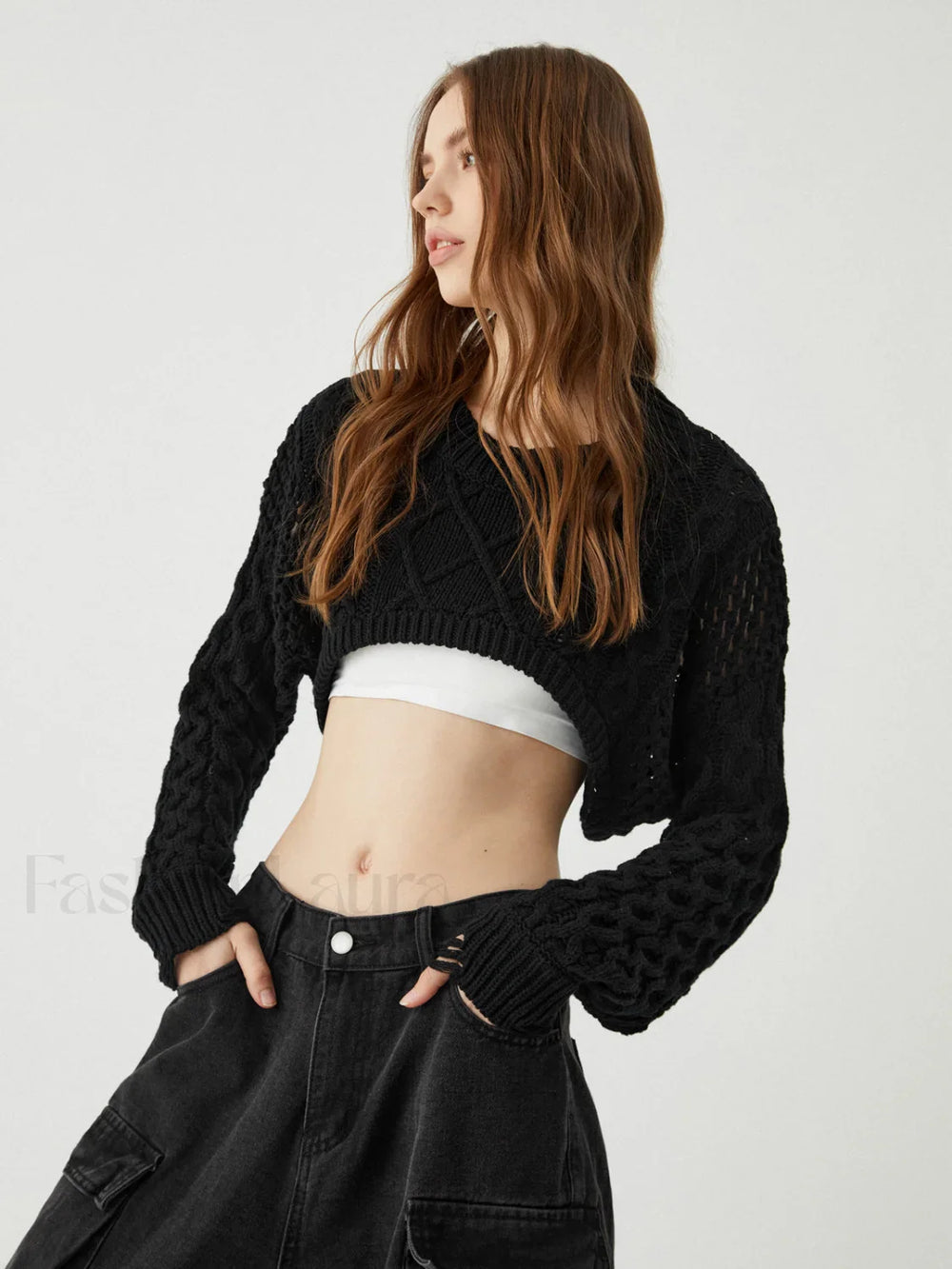 Crocheted Cable Knit Trendy Long Sleeve Crop Top Black / S Sweaters L