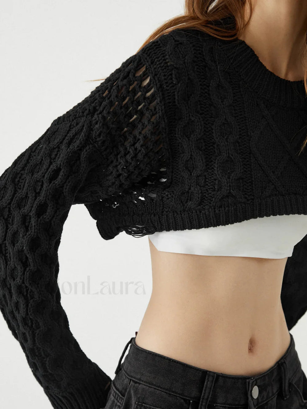 Crocheted Cable Knit Trendy Long Sleeve Crop Top Sweaters L