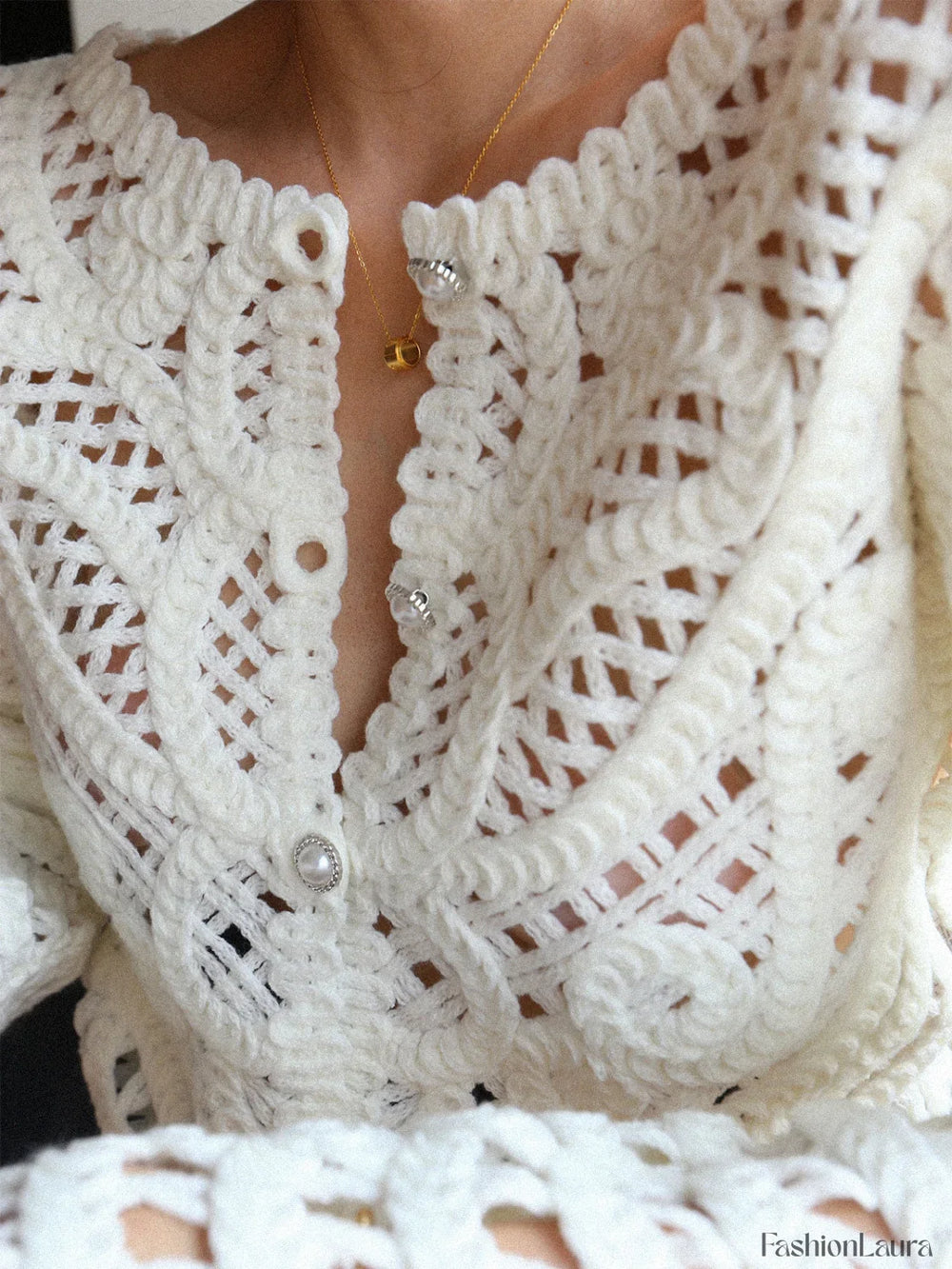 Crocheted Hollow Graceful Beaded Button Cardigan Sweaters L