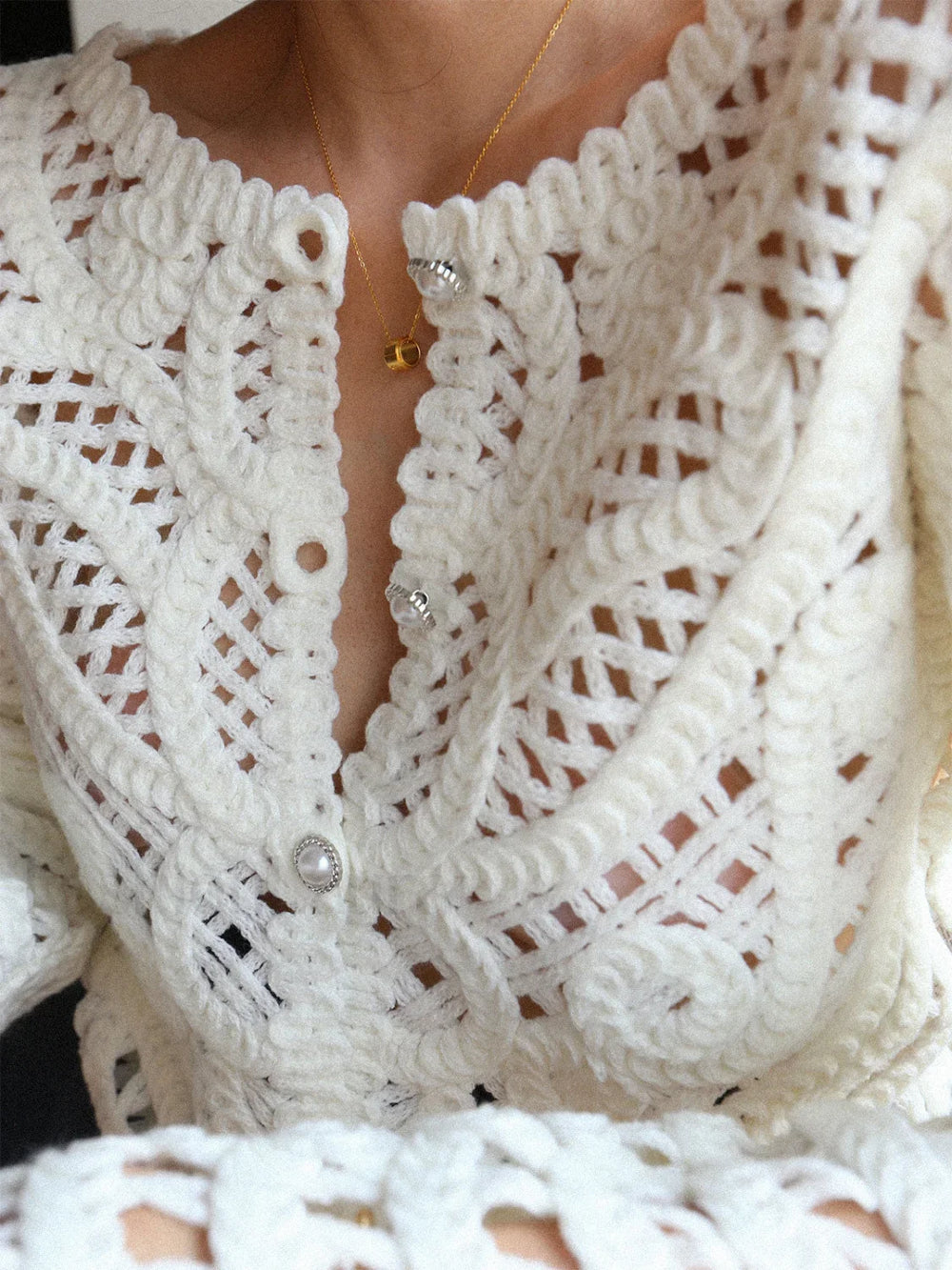 Crocheted Hollow Graceful Beaded Button Cardigan Sweaters L