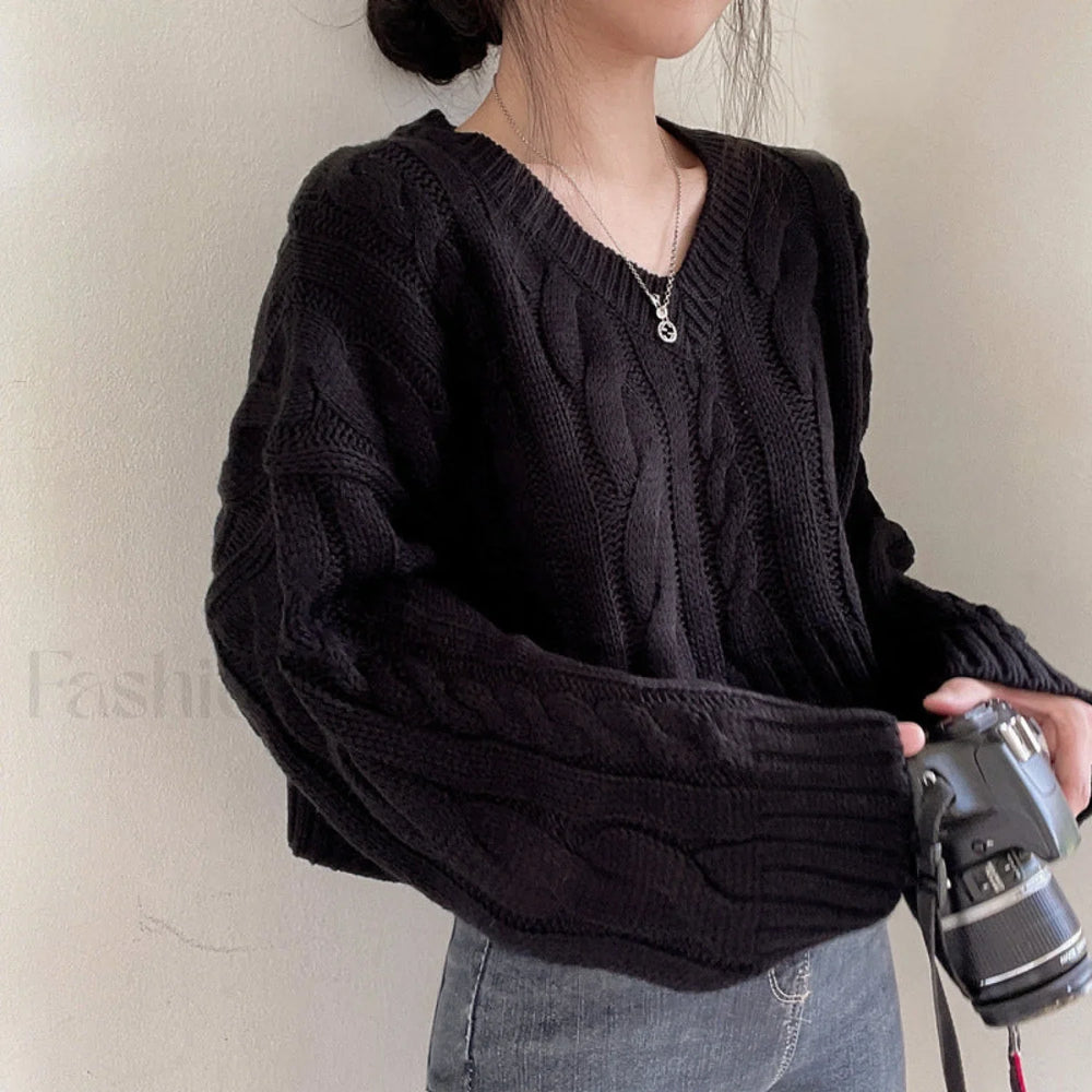 Cropped Brown Cable Knit Sweater Black / One size Sweaters