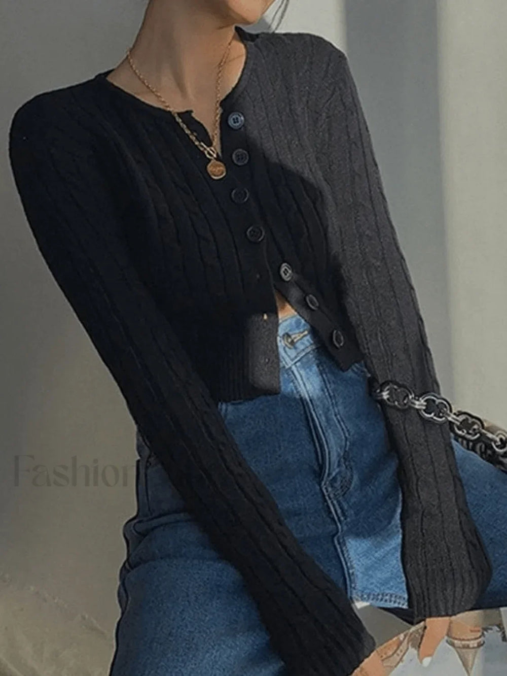 Cropped Button Cable Knit Cardigan Black / ONE SIZE Sweaters