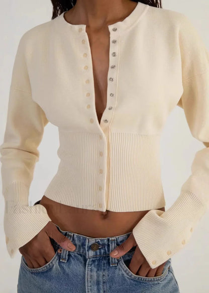 Cropped Button-Up Knit Sweater White / S