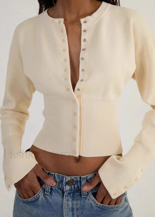 Cropped Button-Up Knit Sweater White / S