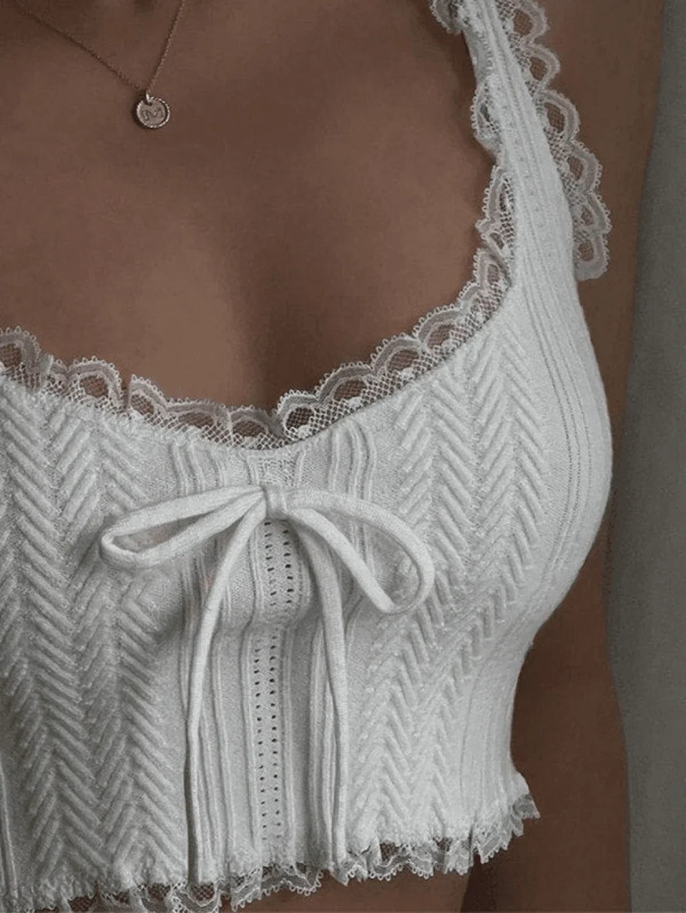 Cropped Lace Trim White Tank Top Tops&Tees