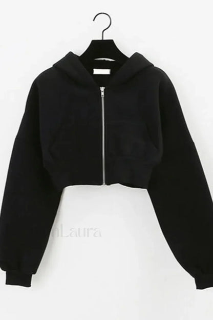 Cropped Zip Up Hoodie Black / S