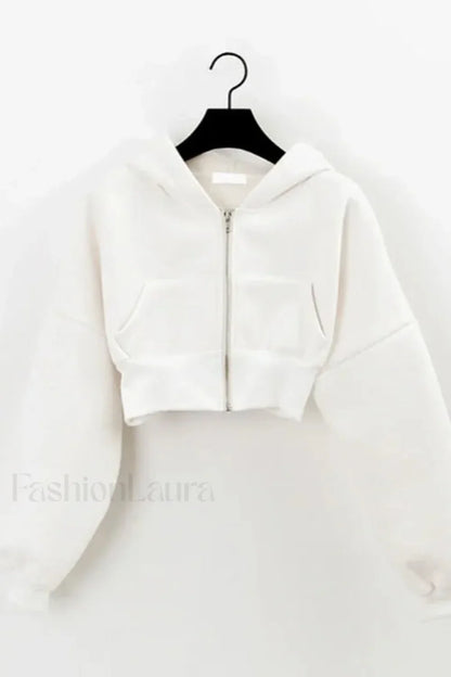 Cropped Zip Up Hoodie White / S