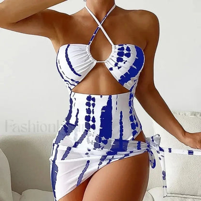 Cross Halter Mini Skirt Three Piece Set Blue / S