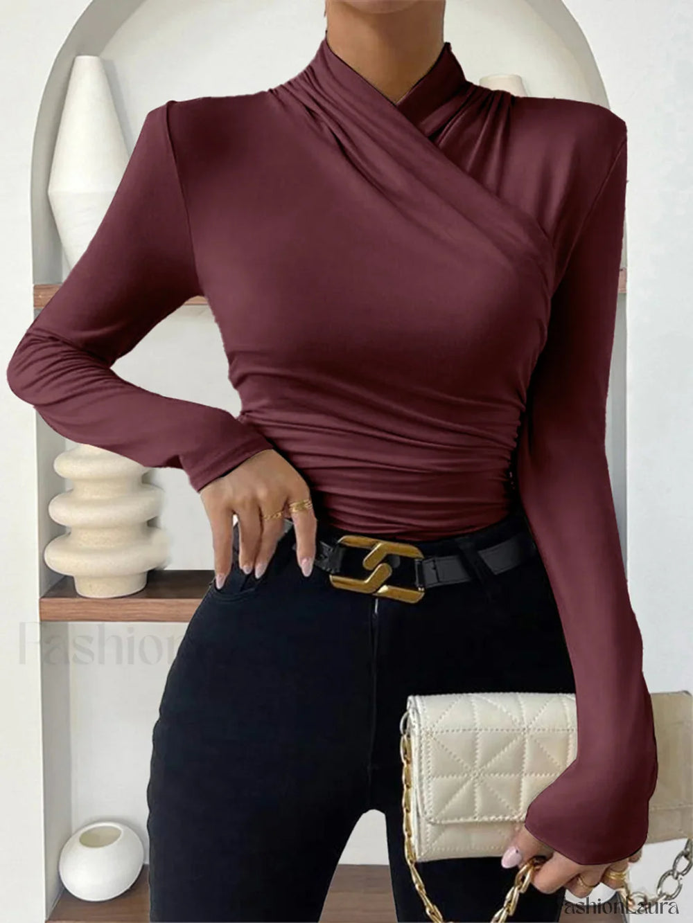 Cross Over Collar Pleated Cinched T Shirt Burgundy / XS T Shirts