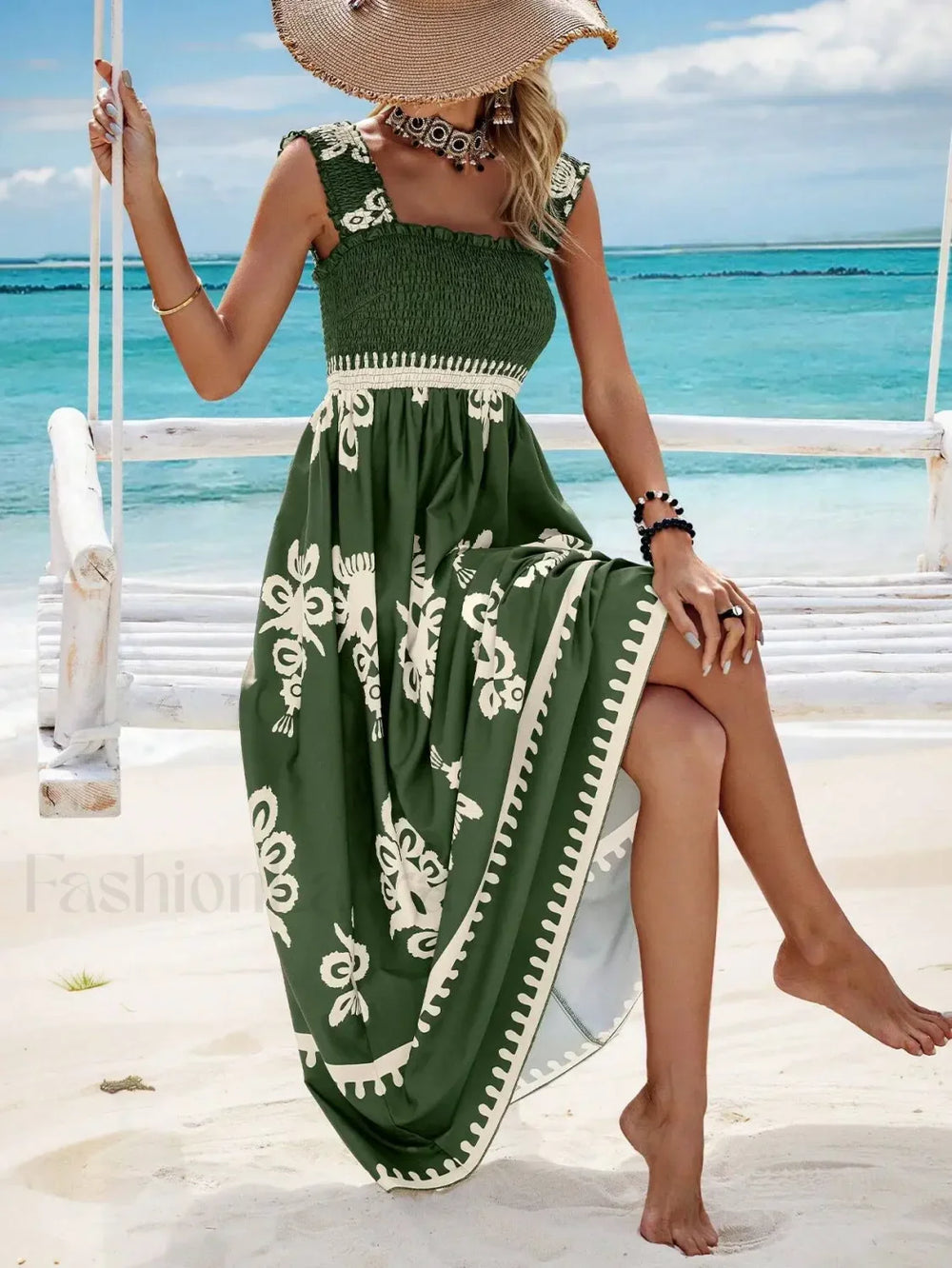 Cross Strap Ankle Boho Dress Green / S