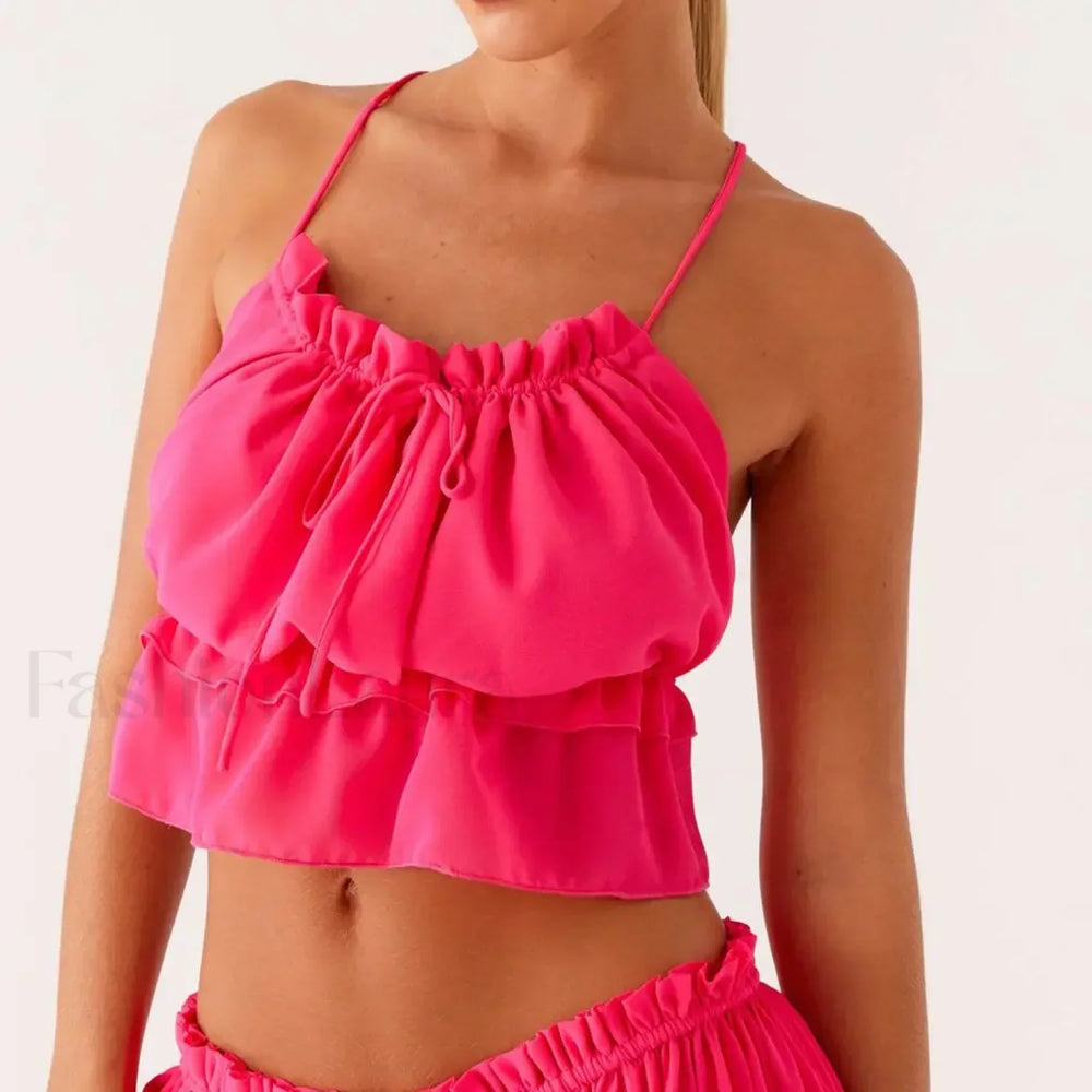 Cross Strap Ruffle Backless Crop Top Watermelon red / S