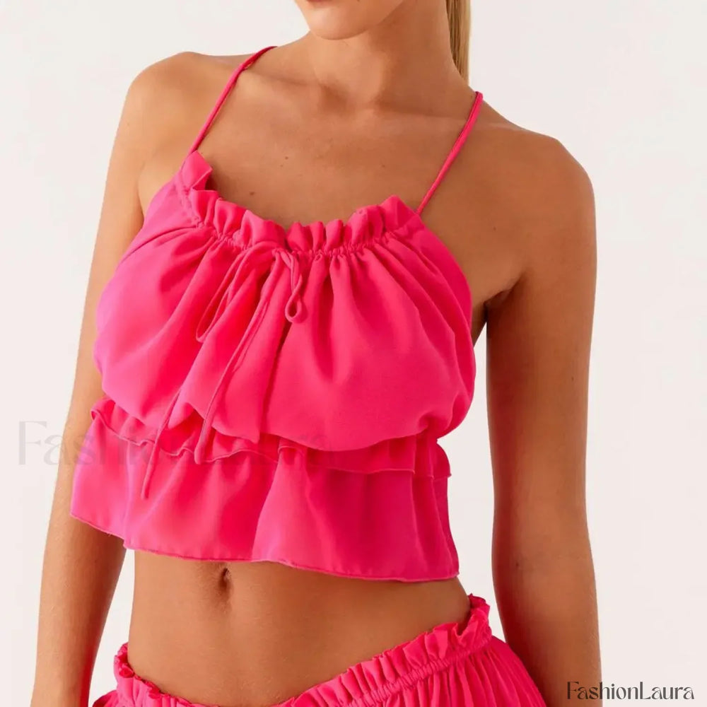 Cross Strap Ruffle Backless Crop Top Watermelon red / S