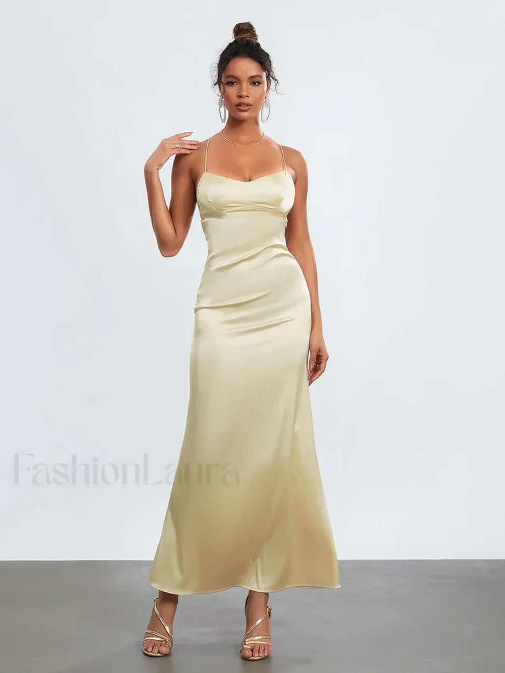 Cross Tie Slip Spaghetti Maxi Dress Yellow / S