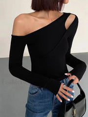 Cut Out Asymmetric Off Shoulder Slinky Long Sleeve Shirt Black / XS T Shirts
