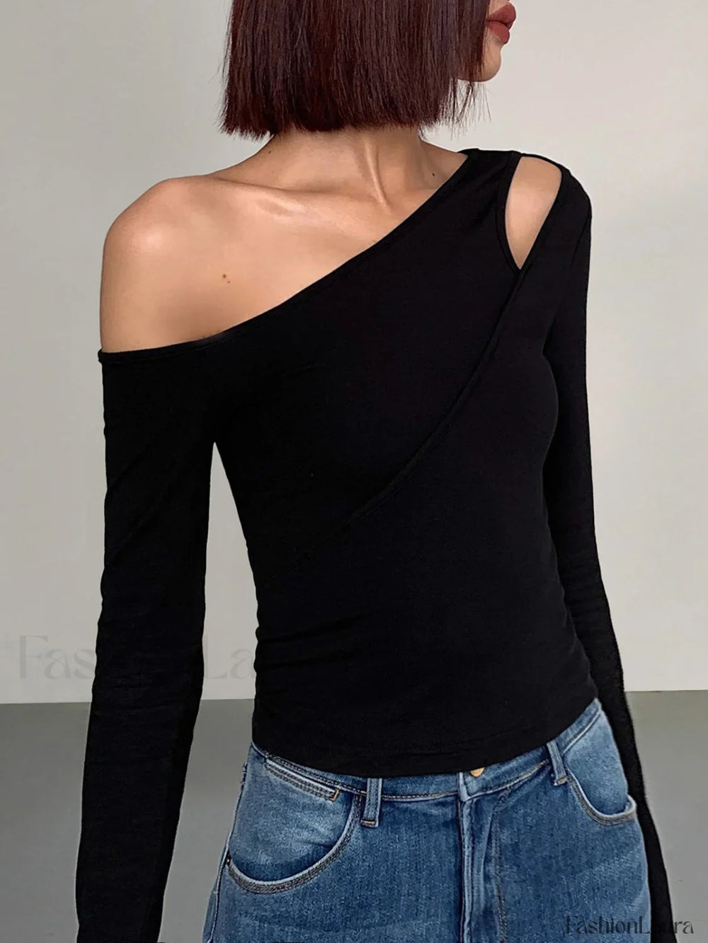 Cut Out Asymmetric Off Shoulder Slinky Long Sleeve Shirt T Shirts