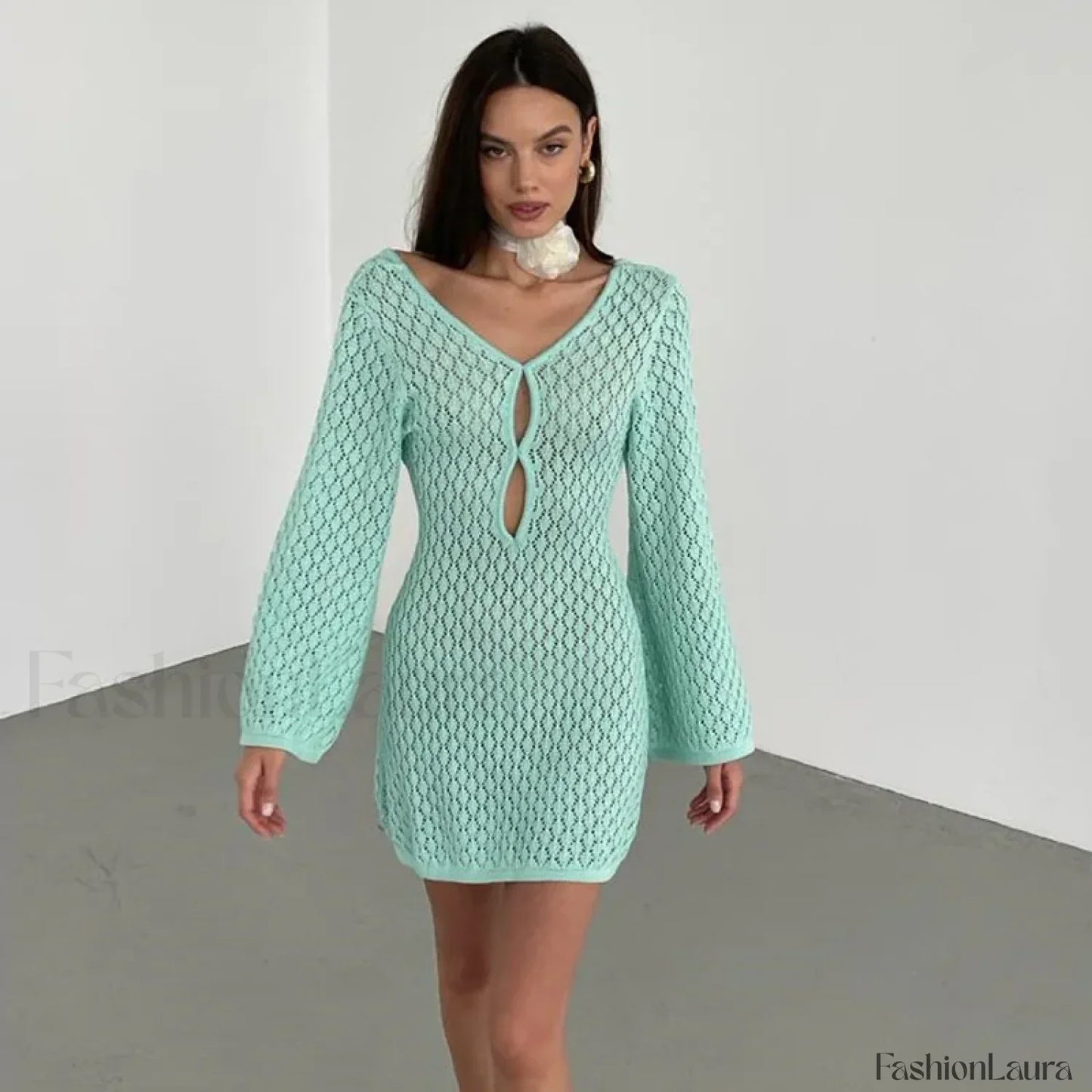 Cut Out Crochet Tunic Beach Cover Up Green / S