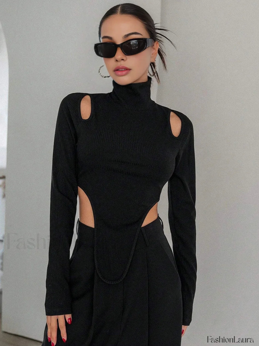Cut Out High Trendy Neck Asymmetric Hem Top T Shirts