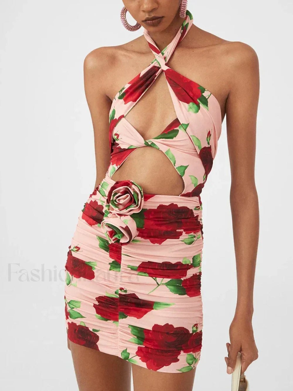 Cut Out Ruched Rose Floral Dress