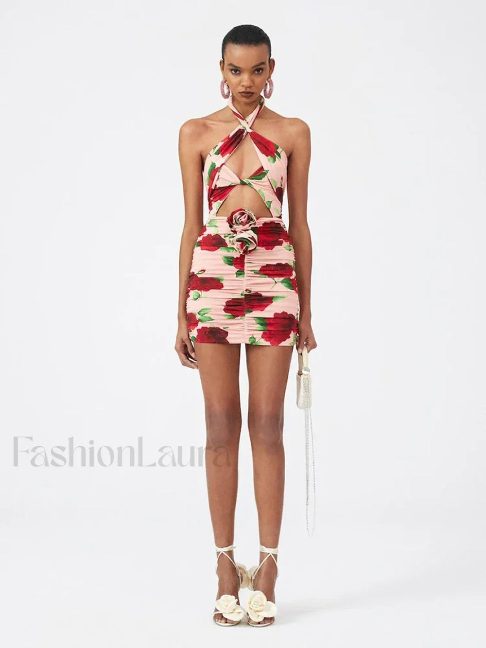 Cut Out Ruched Rose Floral Dress Pink and red roses / S / CHINA