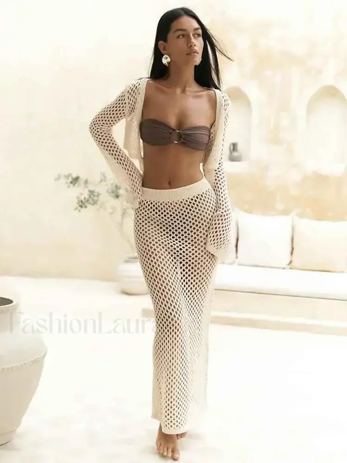 Cut Out Two Piece Cover Up Beige / S